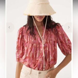 Ba&sh Teodor Smocked Abstract Cotton Blend Button Front Blouse Top